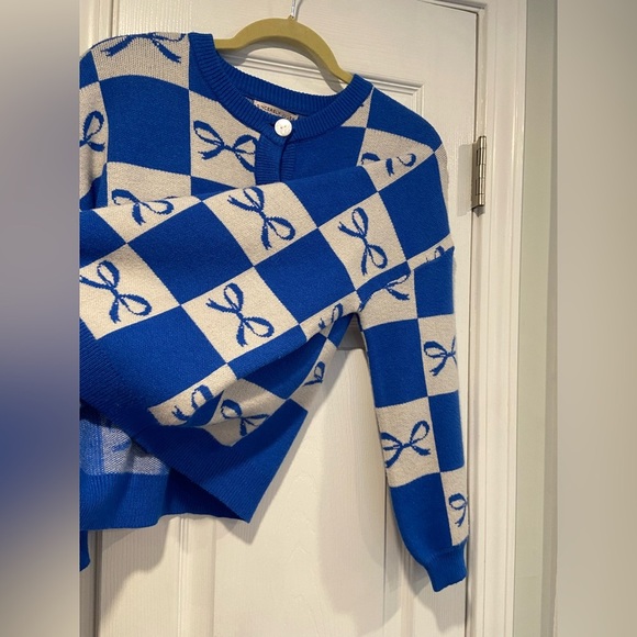 NWT Sincerely Jules Size XS Blue Check Bows Soft Stretch Crew Button Cardigan - Picture 6 of 11